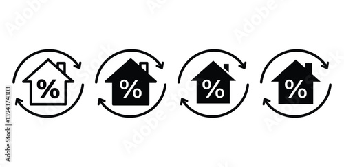 Set of House Refinancing Icons with Circular Arrows and Percentage Symbols Black and White Color Vector Design
