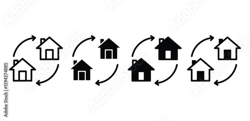 House Relocation Icons with Circular Arrows Black and White Color Vector Design