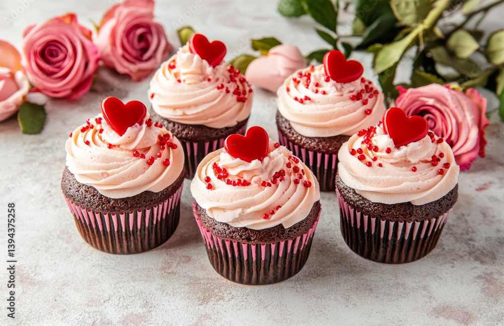 Chocolate cupcakes with pink frosting and red heart toppers are surrounded by pink roses, creating romantic and festive atmosphere. Perfect for Valentine Day celebrations Chocolate cupcakes with pink frosting and red heart toppers are surrounded by pink roses, creating romantic and festive atmosphere. Perfect for Valentine Day celebrations