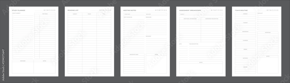Study Planning Pages Planner Sheet Design Template Set of 5 pages for Organizing Study Sessions, Goals, Timelines, Assignments, Exams, and Progress Tracking for Effective Learning and Academic Success Study Planning Pages Planner Sheet Design Template Set of 5 pages for Organizing Study Sessions, Goals, Timelines, Assignments, Exams, and Progress Tracking for Effective Learning and Academic Success