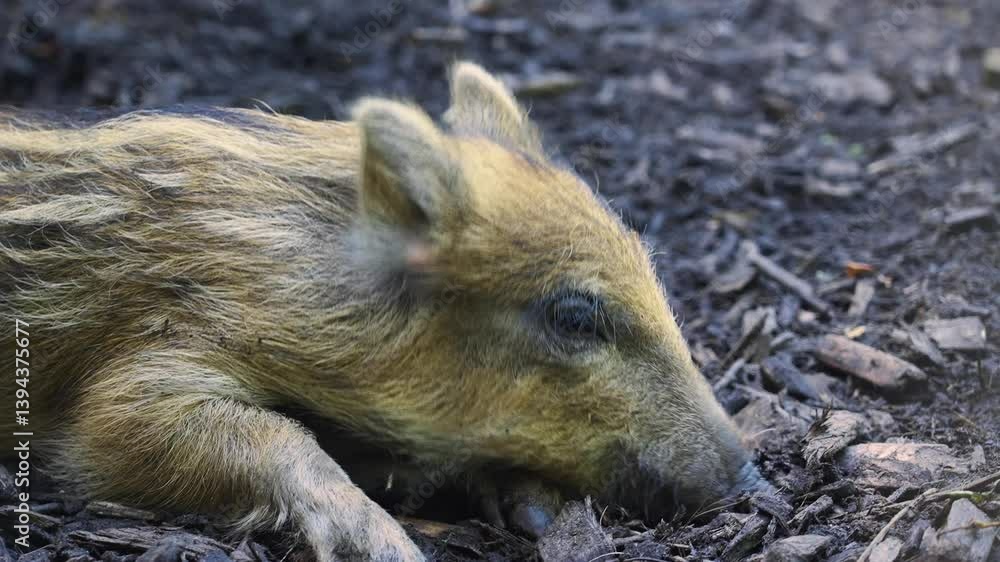 Wild Boar Piglet Foraging For Food - Close Up Wild Boar Piglet Foraging For Food - Close Up