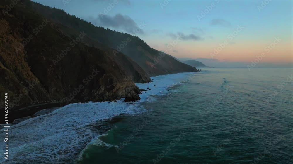 California ocean nature USAL Beach Campground aerial drone bluffs cliffside mist clouds mountain rocky rugged remote coast vibrant sunset Sinkyone Wilderness waves crashing surf swell circle right California ocean nature USAL Beach Campground aerial drone bluffs cliffside mist clouds mountain rocky rugged remote coast vibrant sunset Sinkyone Wilderness waves crashing surf swell circle right