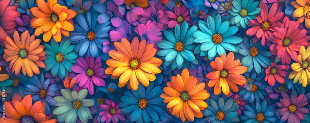 array of colorful daisies in various hues creates lively and cheerful pattern. flowers, in shades of orange, blue, pink, and purple, form captivating and joyful display array of colorful daisies in various hues creates lively and cheerful pattern. flowers, in shades of orange, blue, pink, and purple, form captivating and joyful display