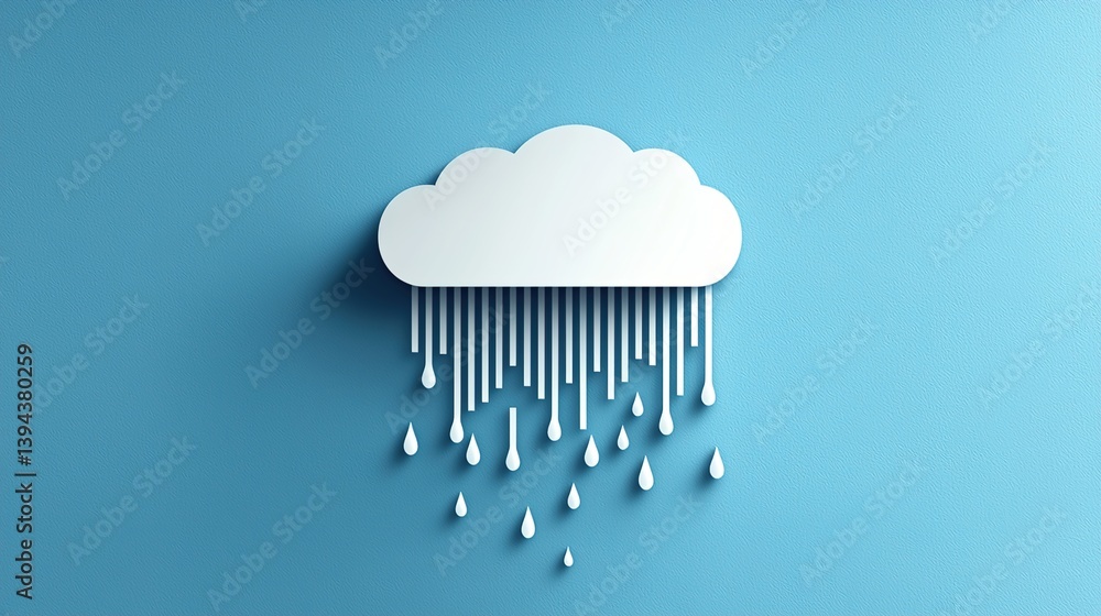 A three dimensional paper cloud is shown with rain drops falling