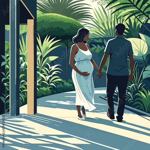 Pregnant woman walking in nature with her husband is shown in elegant silhouette art.