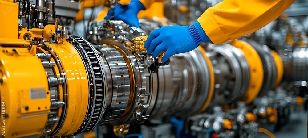 A worker in protective gloves handling complex industrial machinery parts