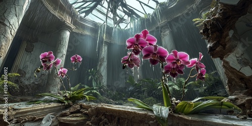 A forgotten tropical paradise estate, wild orchids blooming through cracked marble, rain dripping through a broken skylight.