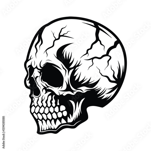 Black and White Detailed Skull Art, Human Anatomy, Horror Concept, Death Symbolism