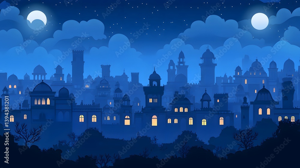 Fototapeta premium Enchanted Night Cityscape with Moonlight Over Silhouette of Exotic Architecture and Starry Sky