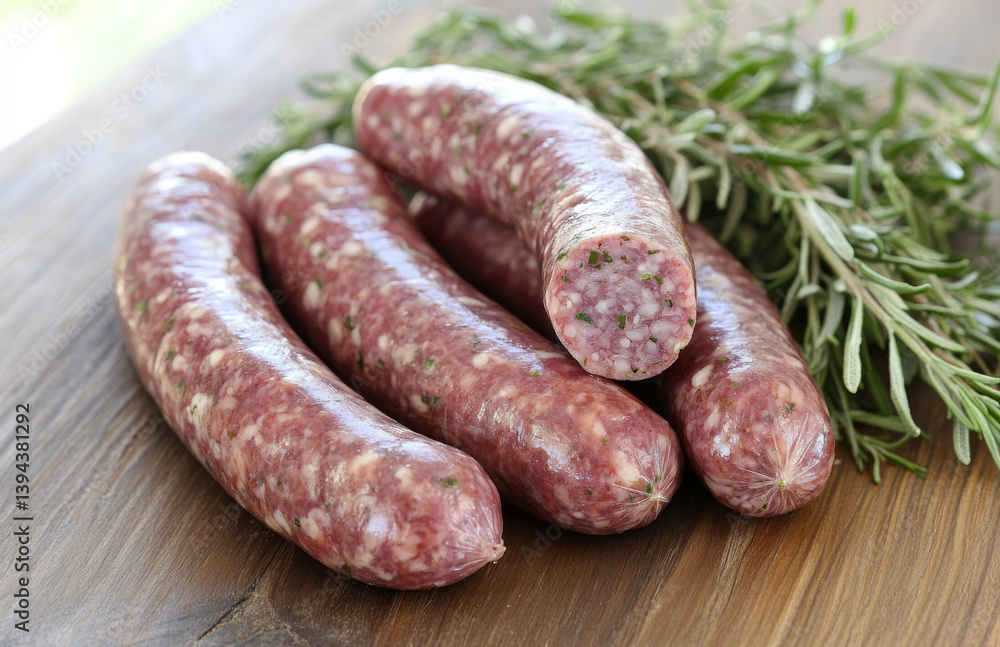 Sausages with herbs on wooden table create rustic and appetizing scene. fresh rosemary adds fragrant touch, enhancing savory appeal of sausages Sausages with herbs on wooden table create rustic and appetizing scene. fresh rosemary adds fragrant touch, enhancing savory appeal of sausages
