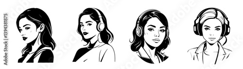 set of logo mascot woman journalist on podcast