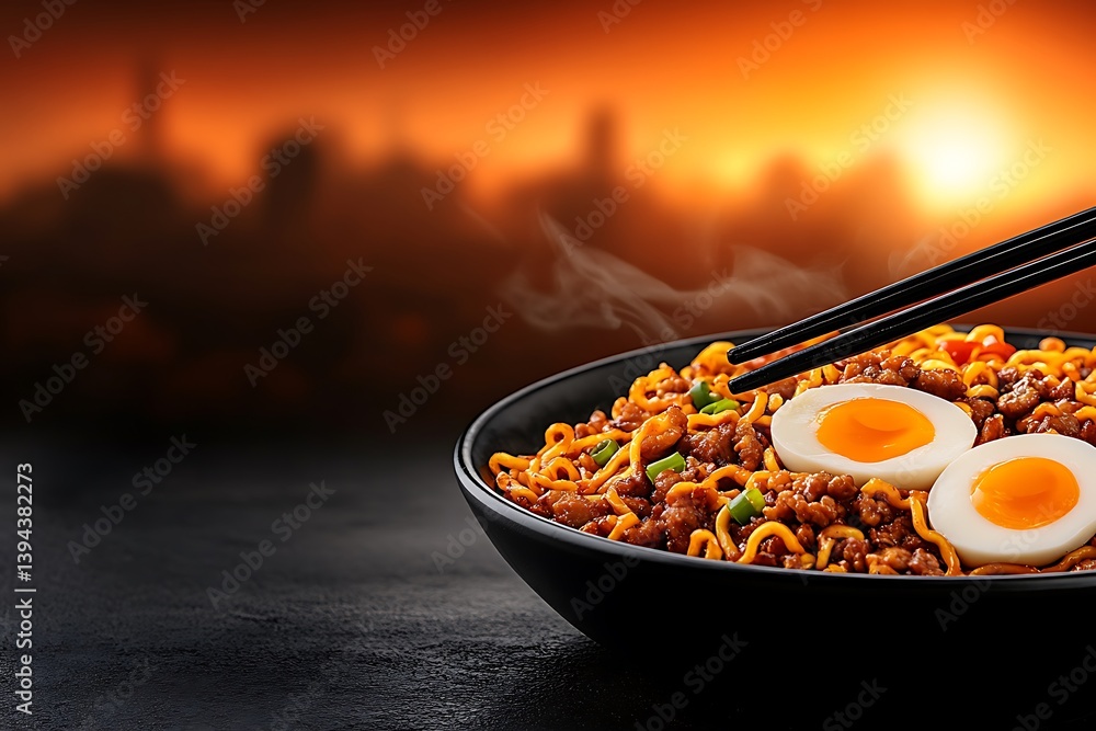 Delicious steaming bowl of noodles with eggs and chopsticks