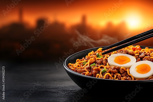 Obraz na płótnie Delicious steaming bowl of noodles with eggs and chopsticks w salonie