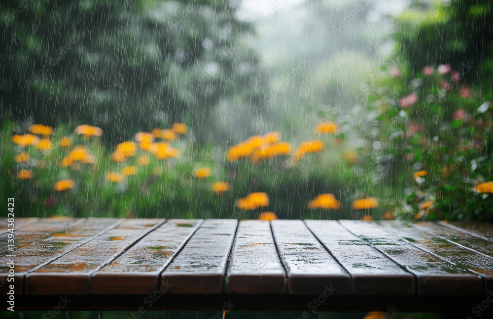 Naklejka premium rainy day scene with wooden table and blurred flowers in background creates serene atmosphere. wet surface of table reflects gentle rain, enhancing peaceful mood