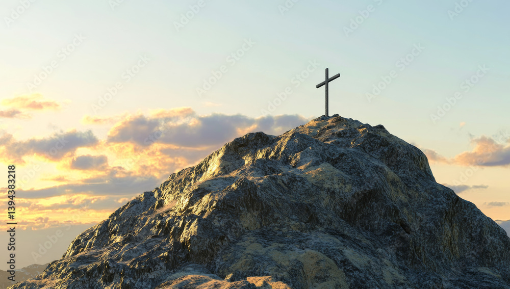 Obraz premium cross stands atop rugged mountain under serene sky, with soft clouds illuminated by warm glow of setting sun, creating peaceful and contemplative atmosphere