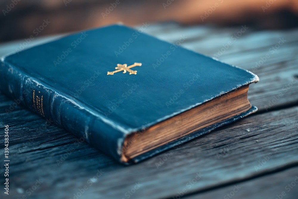 An old blue book is resting on a wooden surface