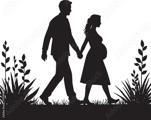 Pregnancy wellness concept featuring a silhouette of a couple walking under trees.