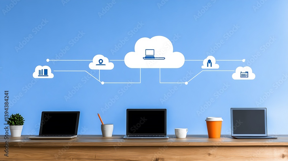 Digital computing cloud network icons displayed above office laptops on table