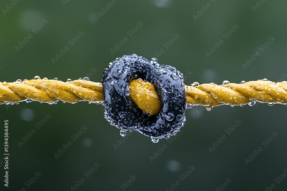 A close up of a wet rope with a black loop