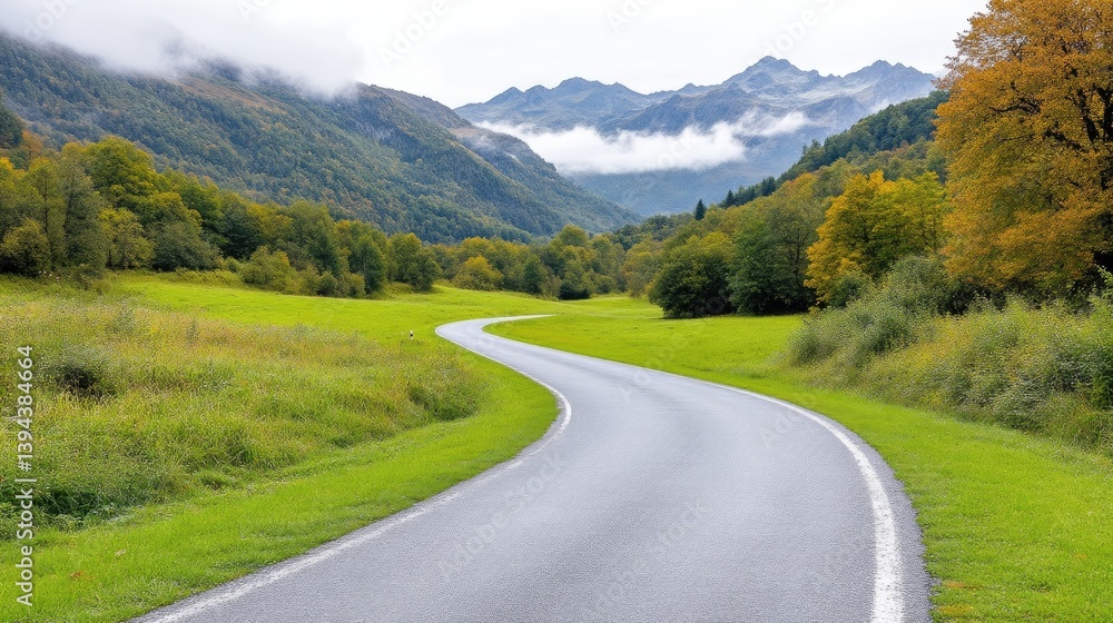 Naklejka premium Winding Road Lush Green Meadows Scenic Landscape High-resolution Vibrant Lighting Wide Angle View Autumn Foliage Journey Through Mountains Serene Green Tones Travel Advertisement