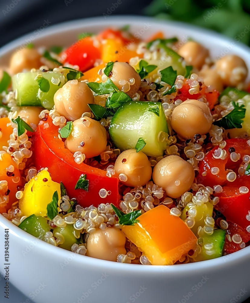 A colorful and healthy quinoa salad served in a white bowl