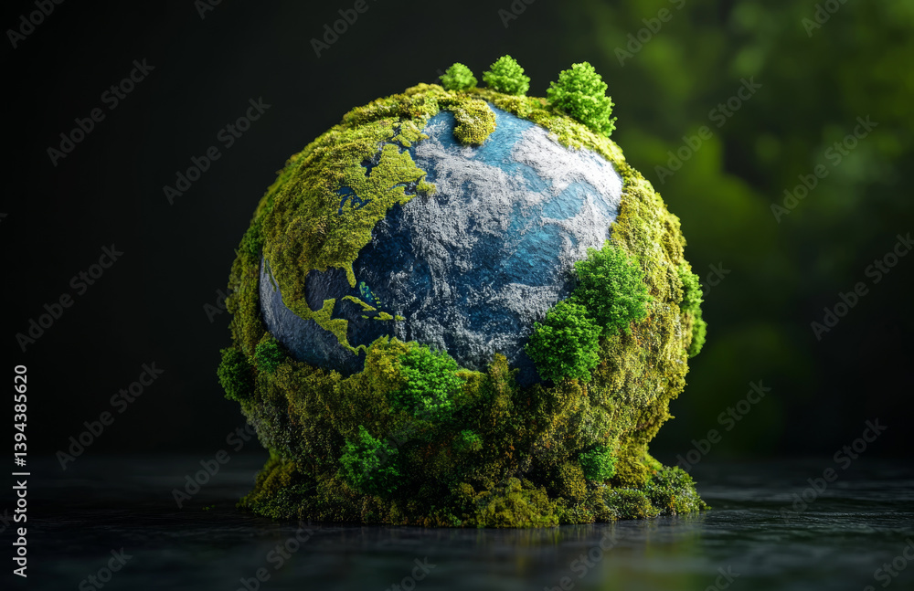 Fototapeta premium 3D render of Earth globe covered with lush moss and vibrant forest trees, symbolizing nature and environmental conservation. scene evokes sense of tranquility and harmony