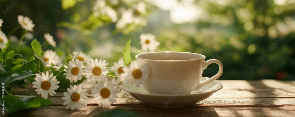 white cup of tea sits on wooden table surrounded by daisies, with blurred green background creating serene and peaceful atmosphere white cup of tea sits on wooden table surrounded by daisies, with blurred green background creating serene and peaceful atmosphere