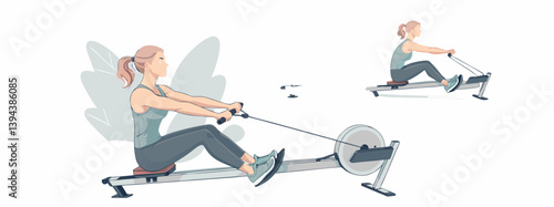 Illustration of a Woman Exercising on a Rowing Machine for Cardio and Strength Training in a Modern Fitness Routine