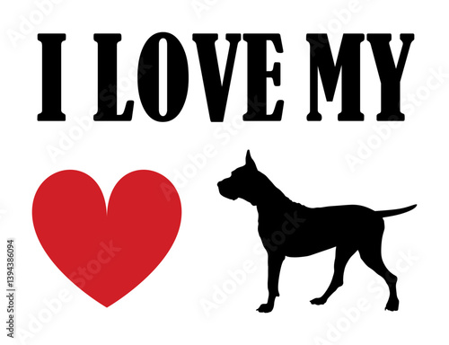 I love Great Dane t shirt print emblem banner. Portrait dog Great Dane silhouette sticker badge vector illustration isolated. Beware of dog. Mans best friend. Lovely pet. Funny dog mascot shape shadow
