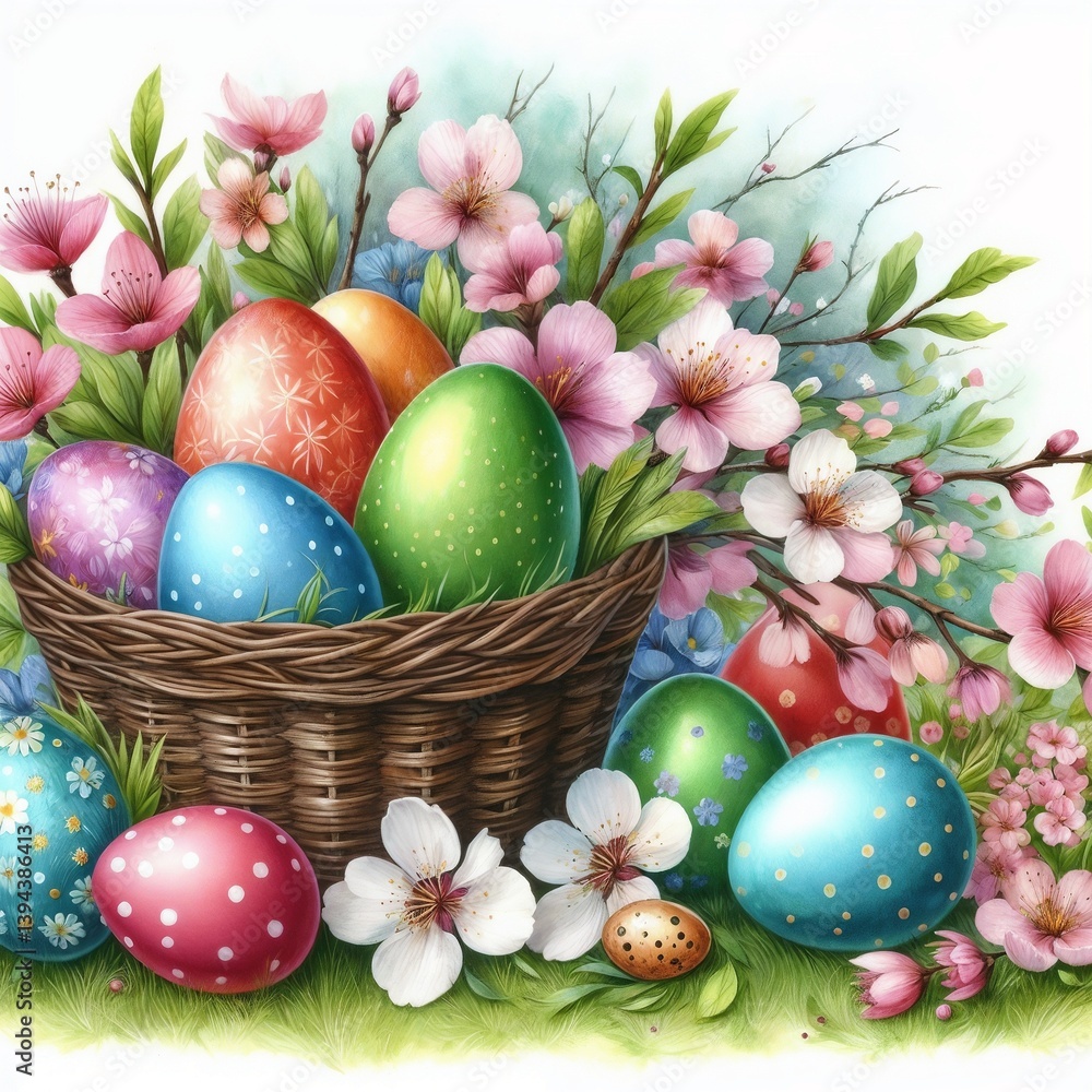 Decorative Easter eggs in a woven basket surrounded by blooming flowers in a vibrant spring garden