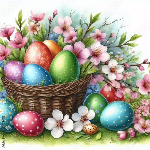 Obraz na płótnie Decorative Easter eggs in a woven basket surrounded by blooming flowers in a vibrant spring garden w salonie