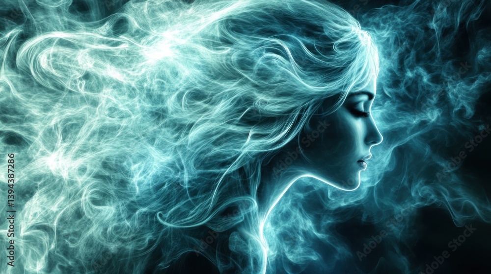 Obraz premium Ethereal silhouette of a woman surrounded by flowing, luminous wisps of smoke, creating a dreamlike and mystical atmosphere.