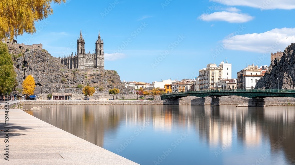 Naklejka premium Scenic view of a historic castle and bridge by a tranquil river under a clear sky