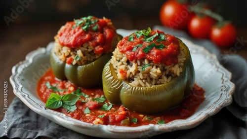 Stuffed green peppers with rice and tomato sauce served on a rustic plate