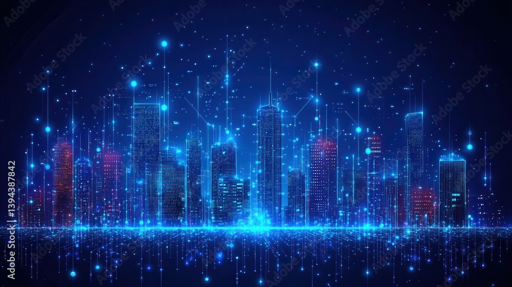 Fototapeta premium A vibrant digital skyline illuminated with blue lights, showcasing a futuristic cityscape against a dark background.