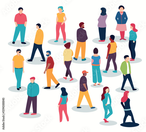 Modern Diverse Crowd of People Walking and Standing in Groups – Flat Vector Illustration of Urban Community Interaction with Casual Clothing and Minimalistic Design on White Background