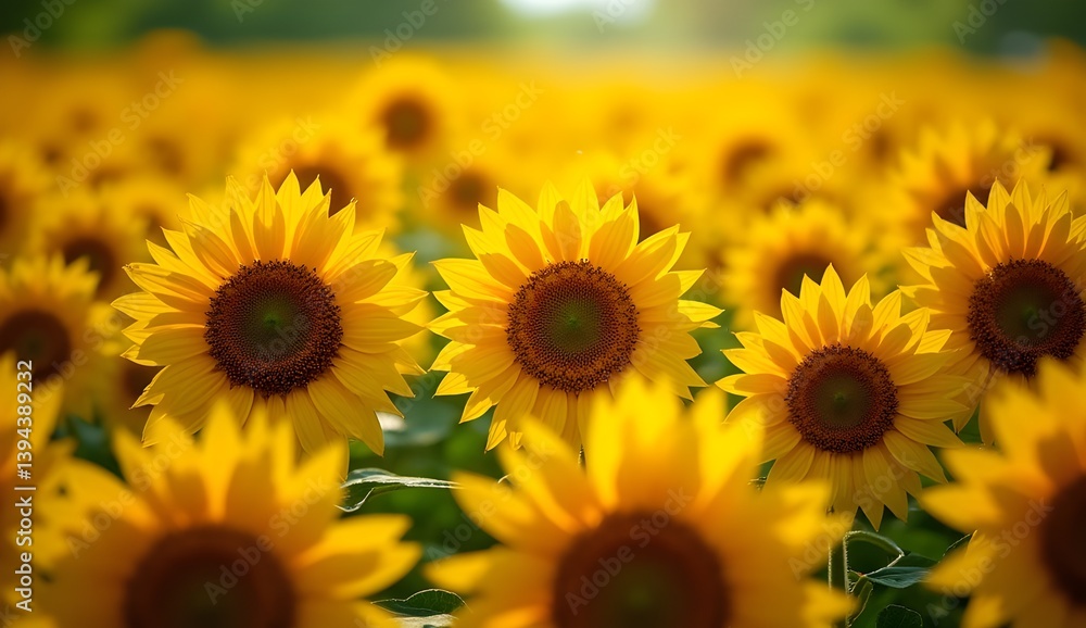 Obraz premium Bright yellow sunflowers with brown centers on soft green background