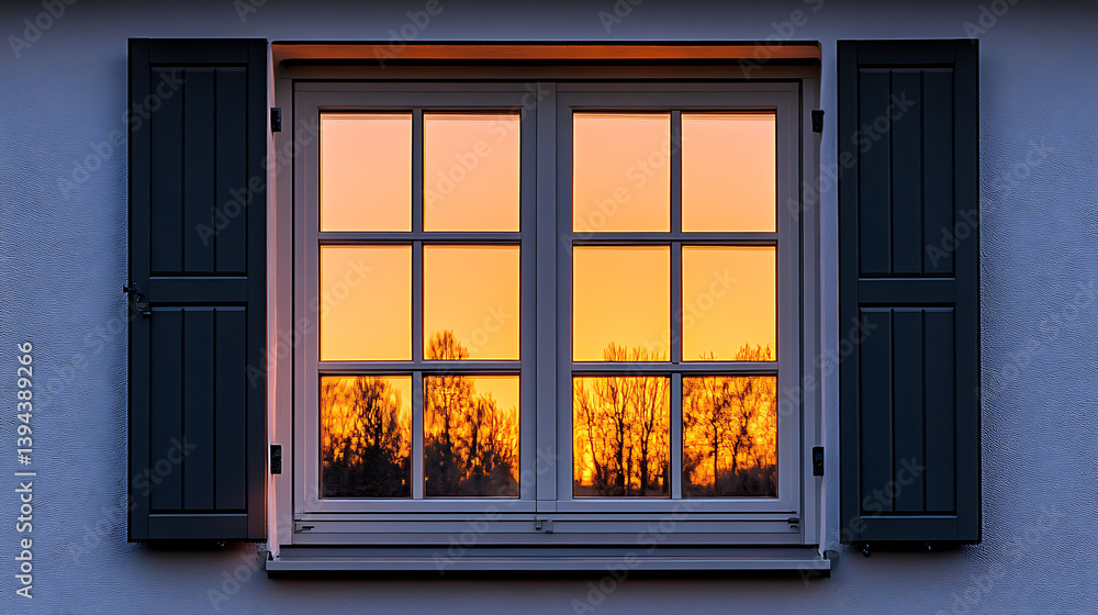 Fototapeta premium Sunset reflected in a window with shutters