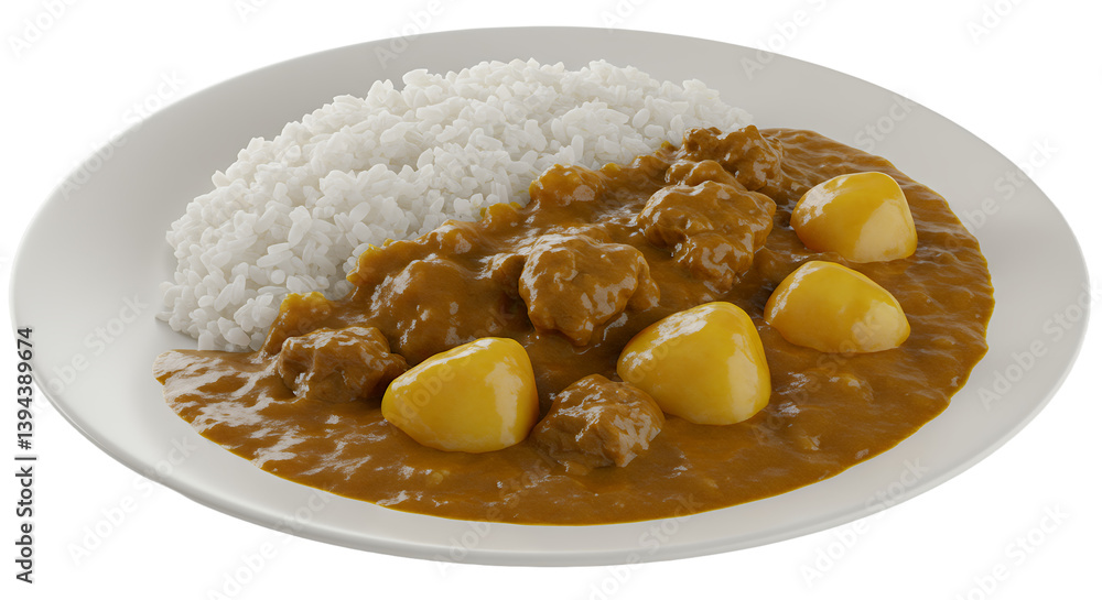 Delicious savory curry with tender meat and potatoes served alongside fluffy rice Delicious savory curry with tender meat and potatoes served alongside fluffy rice