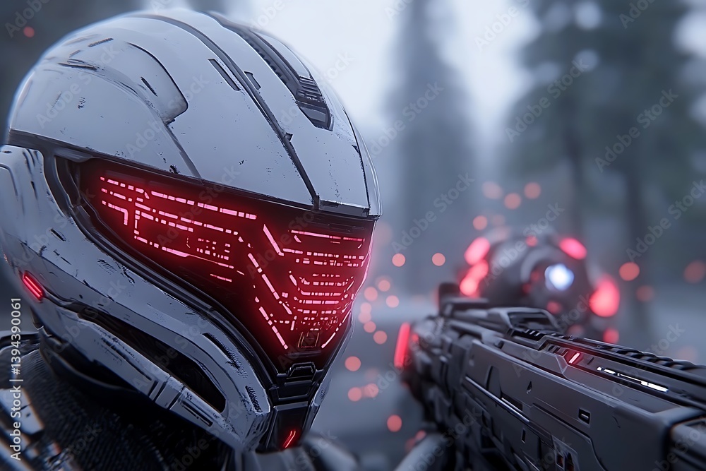 Futuristic soldier aiming weapon during combat in blurred atmospheric conditions