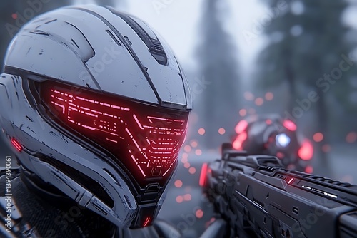 Obraz na płótnie Futuristic soldier aiming weapon during combat in blurred atmospheric conditions w salonie