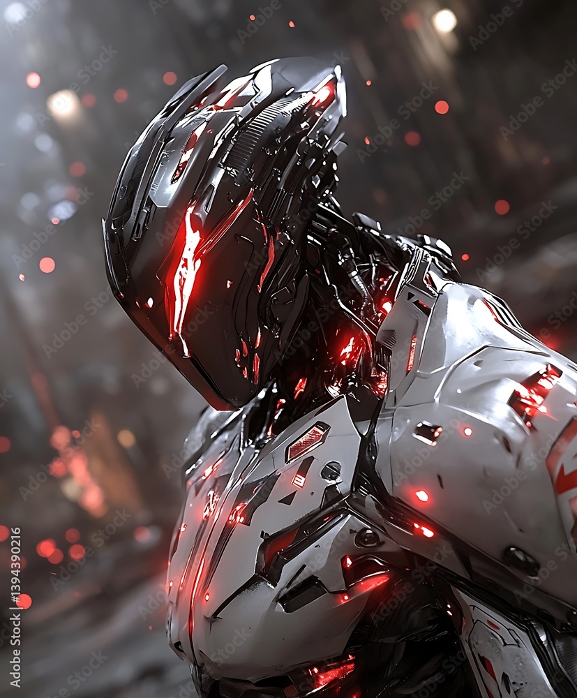 A futuristic robotic humanoid design features glowing red integrated lights
