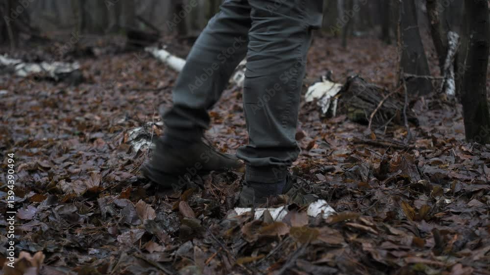 A person walks through a damp forest covered with fallen leaves, shrouded in fog. The mountain terrain signifies a chilly autumn day in a peaceful natural setting. A person walks through a damp forest covered with fallen leaves, shrouded in fog. The mountain terrain signifies a chilly autumn day in a peaceful natural setting.