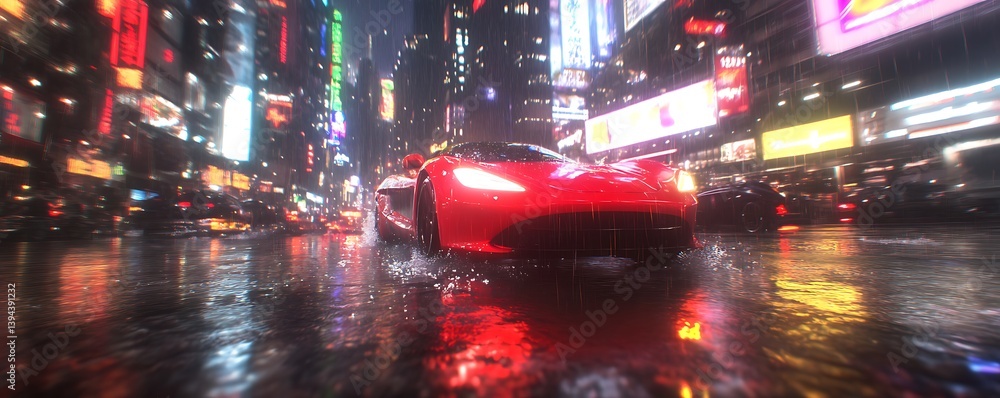 A red sports car driving fast in a rainy city at night