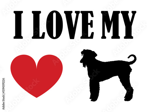 I love Airedale terrier t shirt print emblem banner. Portrait dog Airedale terrier silhouette sticker badge vector illustration isolated. Beware of dog. Mans best friend. Lovely pet funny dog mascot.