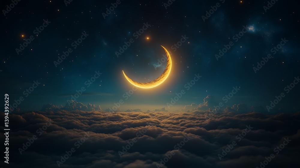 An illuminated crescent moon surrounded by clouds and stars above