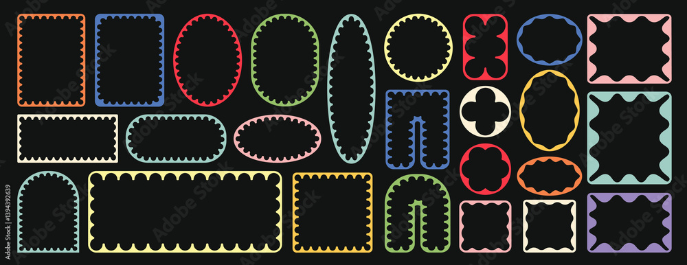 Fototapeta premium Psychedelic y2k squiggle photo frame, doodle rectangle, circle, label, text message box icon, sticker, brutal silhouette pattern or groovy flower shape collection with retro border or wavy zigzag edge