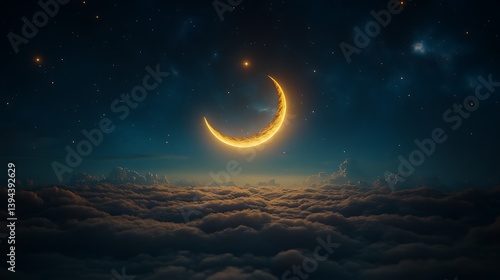 Obraz na płótnie An illuminated crescent moon surrounded by clouds and stars above w salonie