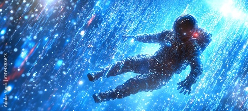 An astronaut floating in a vibrant illuminated cosmic environment