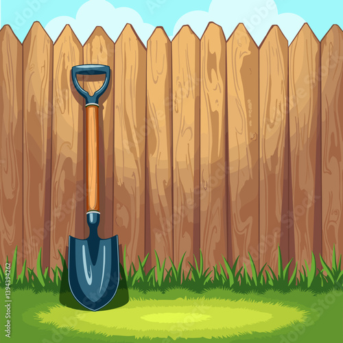 Gardening Shovel Leaning Against Wooden Fence in Sunny Backyard  